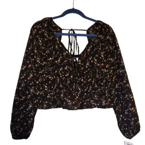 New Dizzy Lizzy Black Floral Ruffle Ties Croptop Blouse Size XL